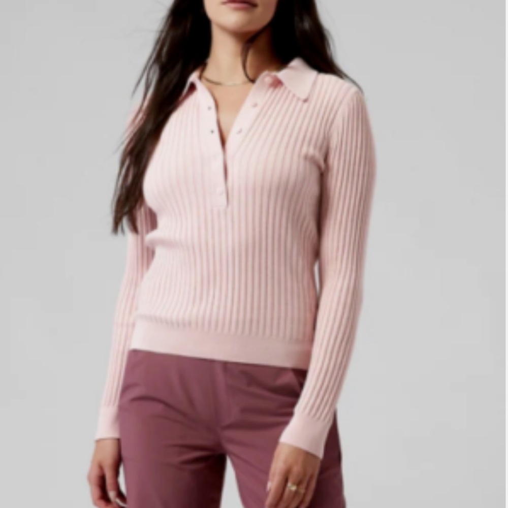 Athleta Sweet Bay Ribbed Henley Polo Blush Orchard Pink Ribbed Knit Top